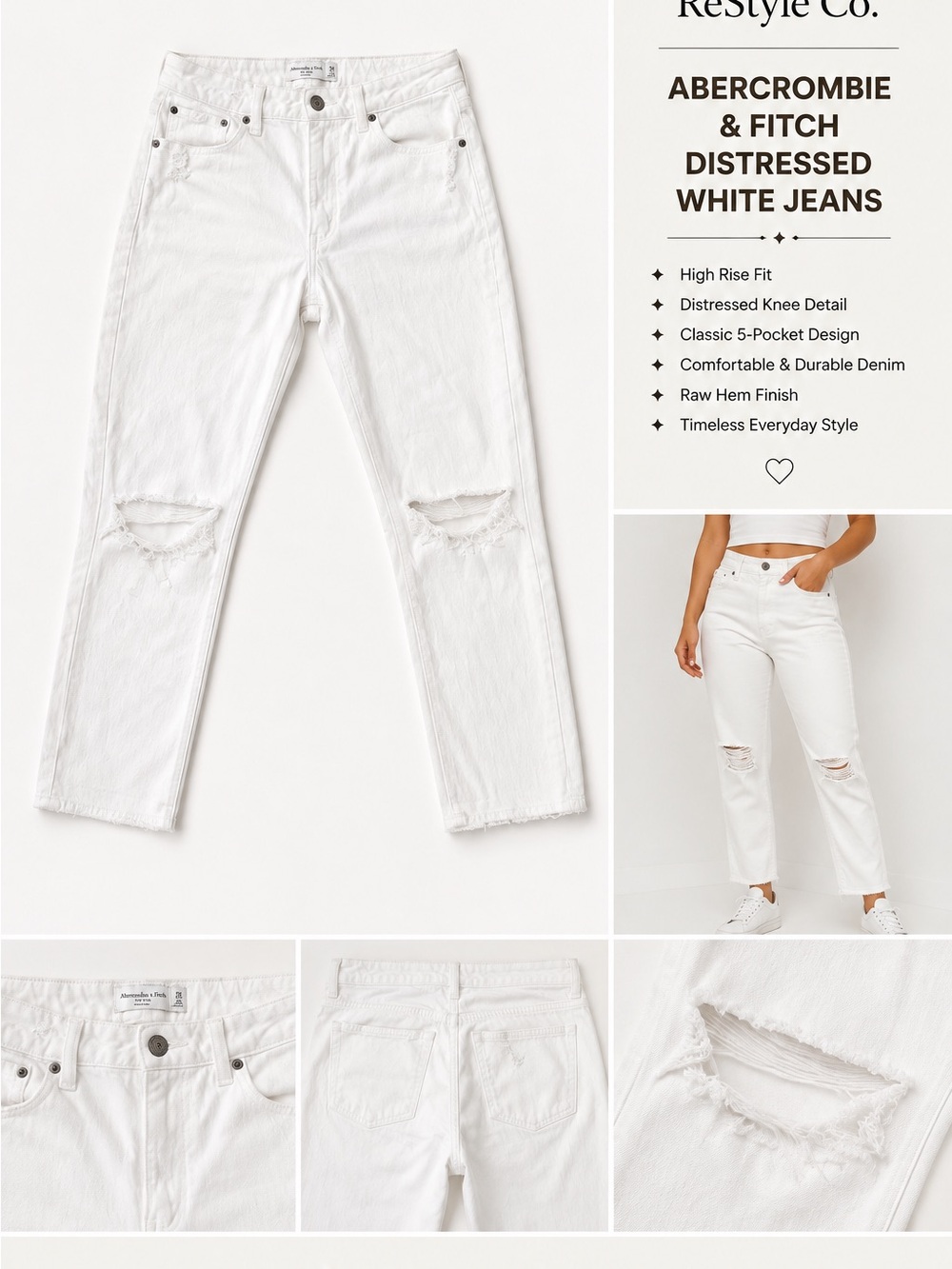 Abercrombie & Fitch White High-Rise Distressed Straight Jeans
